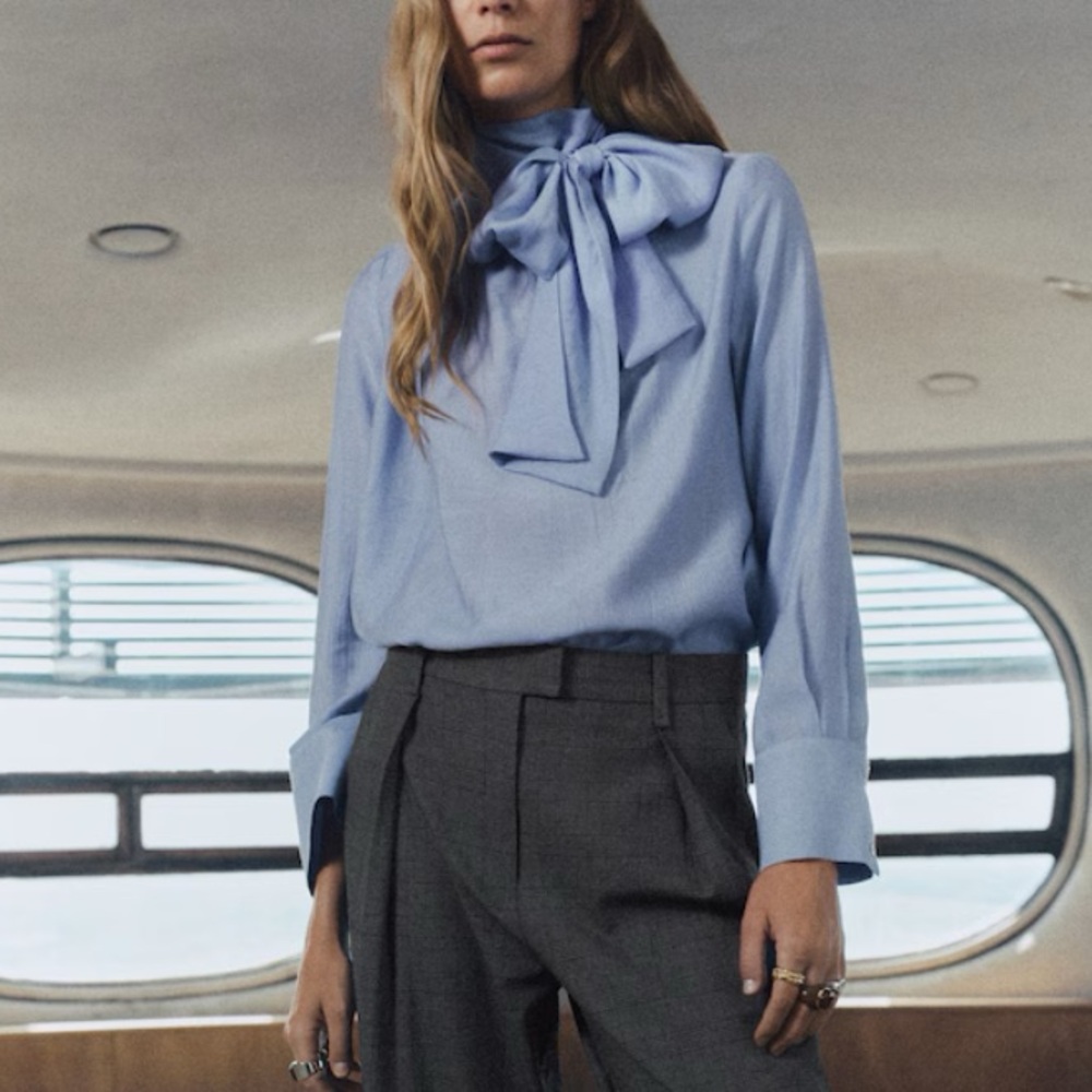 NWT- Mango Light Blue Blouse with Bow Detail